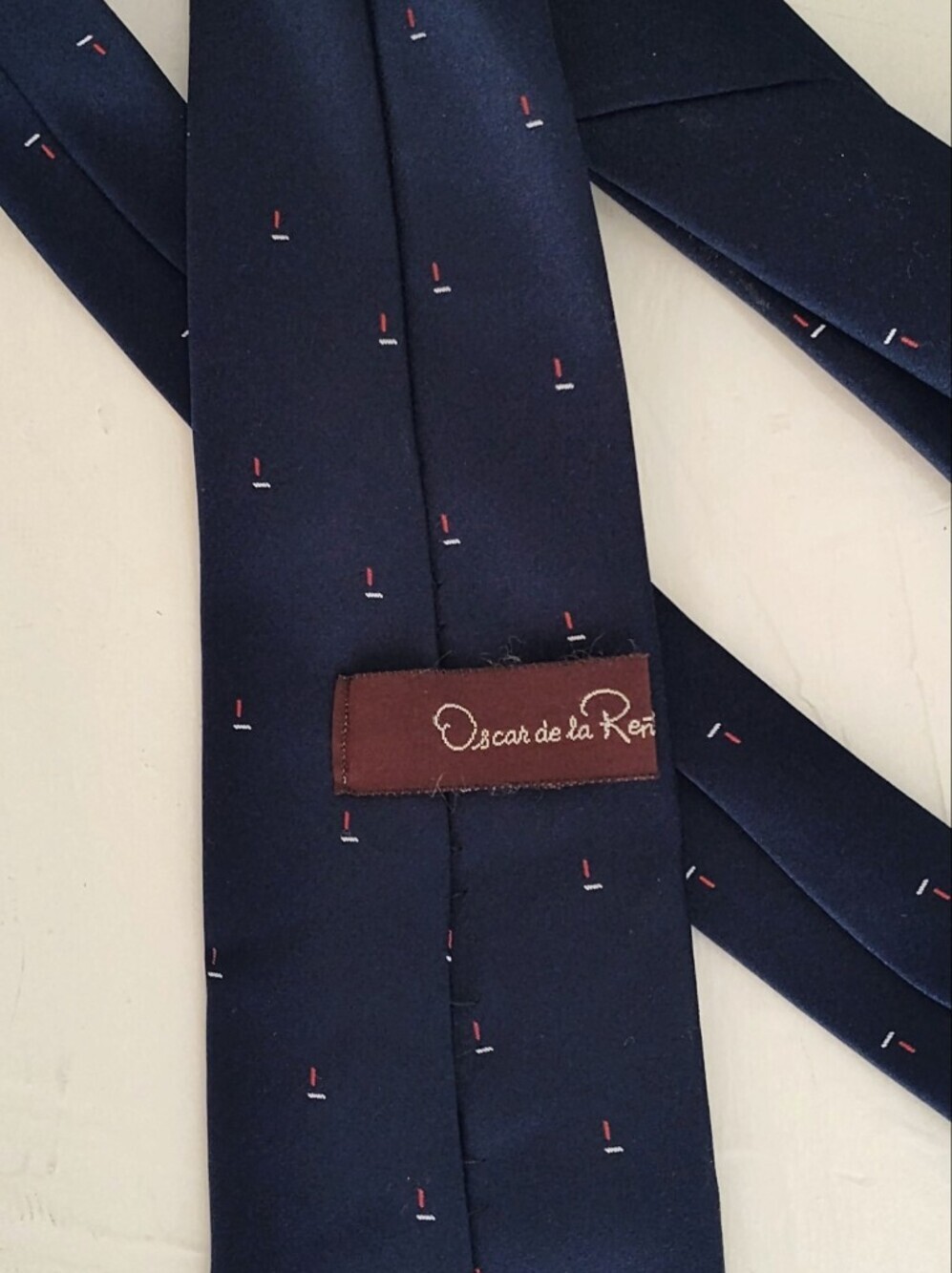 Vintage Oscar de la Renta Navy Tie with Red and White Micro Sailboats